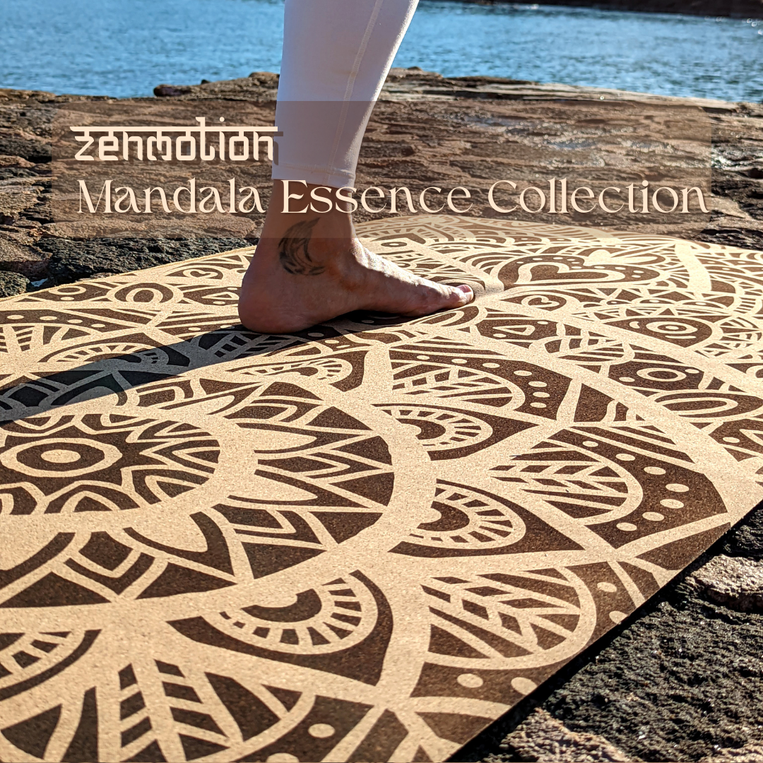 Tapis de yoga en liège MandaLove de ZenMotion. Confort inégalé, adhérence optimale, amélioration de la posture et de l'équilibre. Écologique, durable et recyclable.  Couverture de la collection Mandala Essence. Cliquez pour découvrir la collection.