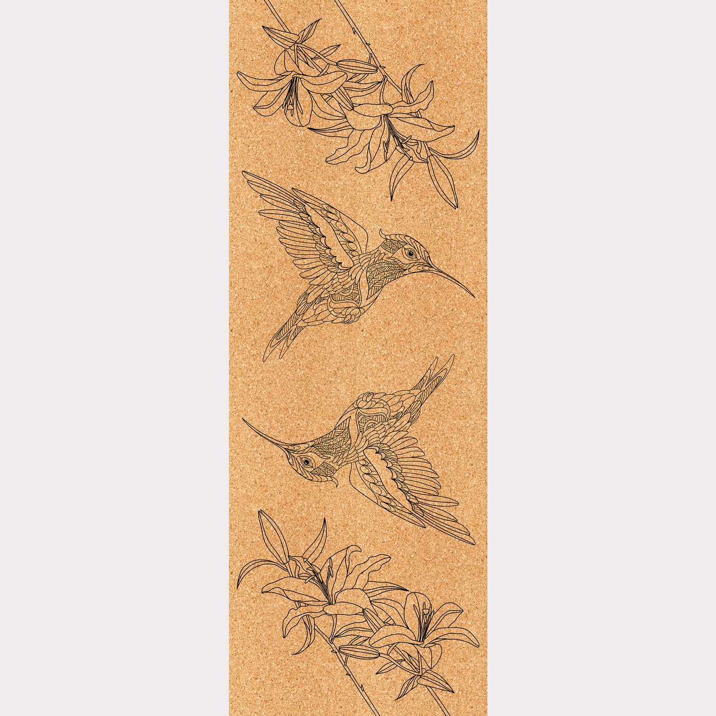 Design du tapis en liège Wings of Paradise de ZenMotion. Célèbre la grâce des colibris et la beauté éphémère des hibiscus. Ce design symétrique et conscient vous invite à une pratique fluide et méditative, où chaque mouvement devient une expression de liberté et de créativité. Grâce à son confort inégalé et son adhérence exceptionnelle, ce tapis en liège naturel s'adapte à vos séances de Hatha ou Power yoga, tout en améliorant votre équilibre et votre alignement. Éco-responsable et élégant.