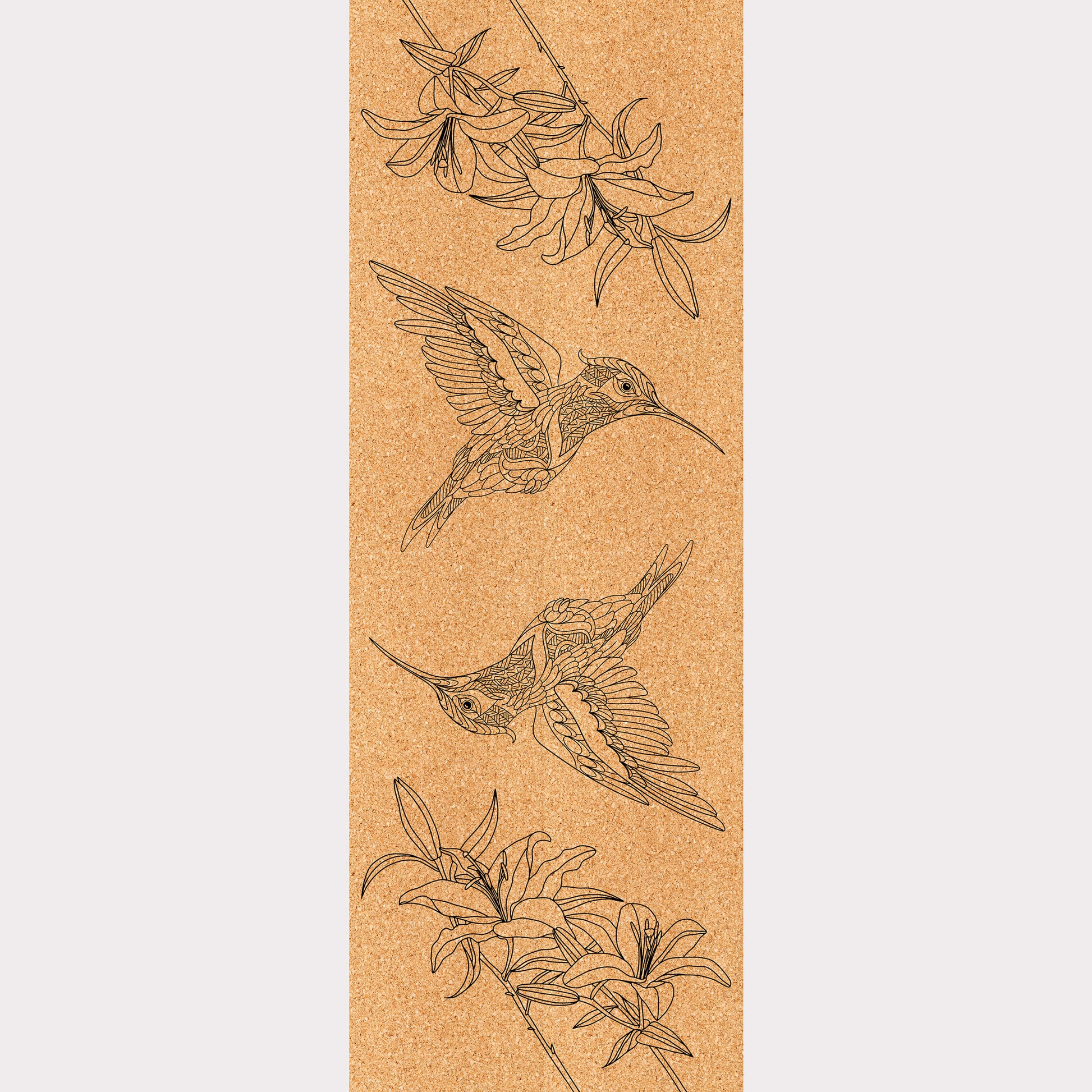 Design du tapis en liège Wings of Paradise de ZenMotion. Célèbre la grâce des colibris et la beauté éphémère des hibiscus. Ce design symétrique et conscient vous invite à une pratique fluide et méditative, où chaque mouvement devient une expression de liberté et de créativité. Grâce à son confort inégalé et son adhérence exceptionnelle, ce tapis en liège naturel s'adapte à vos séances de Hatha ou Power yoga, tout en améliorant votre équilibre et votre alignement. Éco-responsable et élégant.